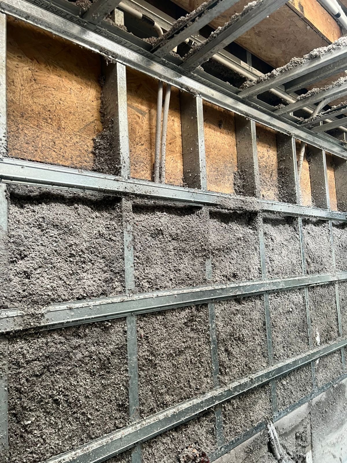Aplicación de celulosa proyectada entre perfiles de steel frame en City Bell